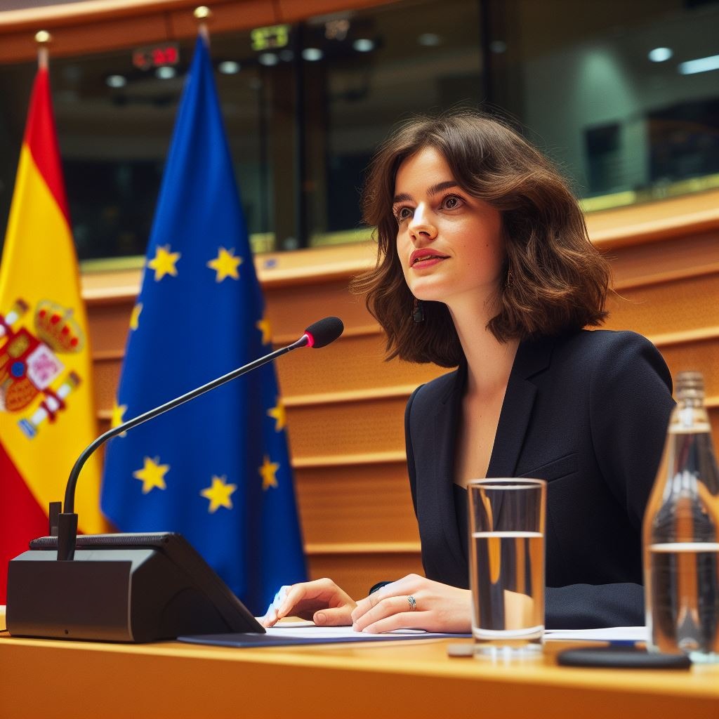 Representación de una ministra hablando en el consejo. Imagen generada por IA.