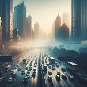 Una ciudad con contaminación visible en el aire. Imagen generada por IA.