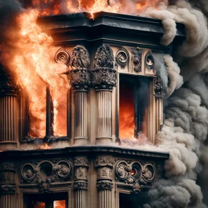Edificio histórico en llamas. Imagen generada por IA.