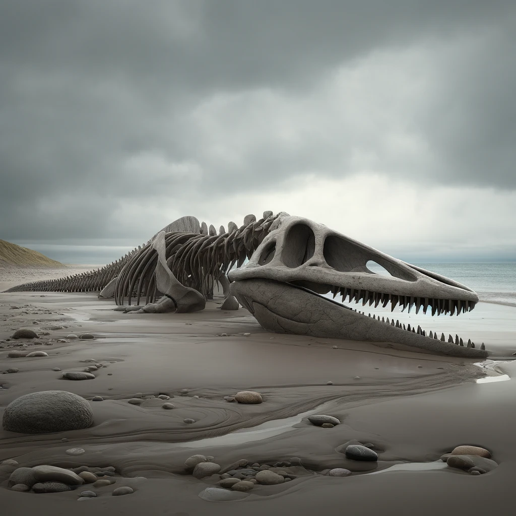 Fósil de ictiosaurio en una costa. Imagen generada por IA.