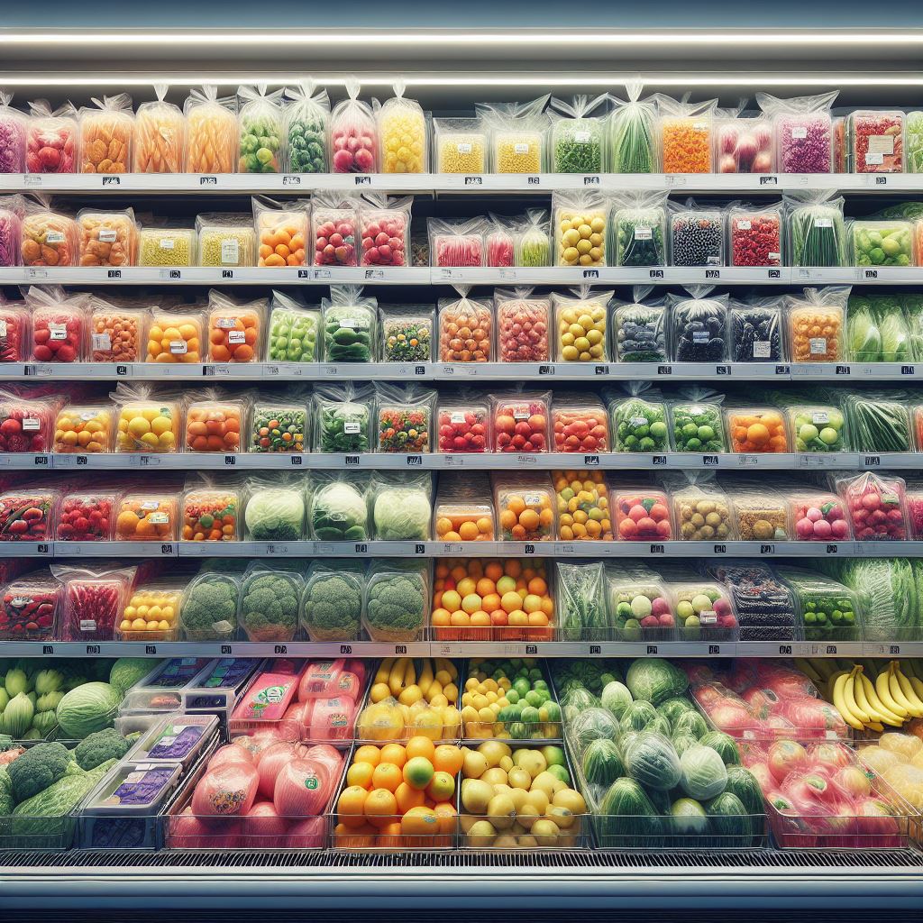 Frutas y verduras plastificadas. Imagen generada por IA para noticiaria.com
