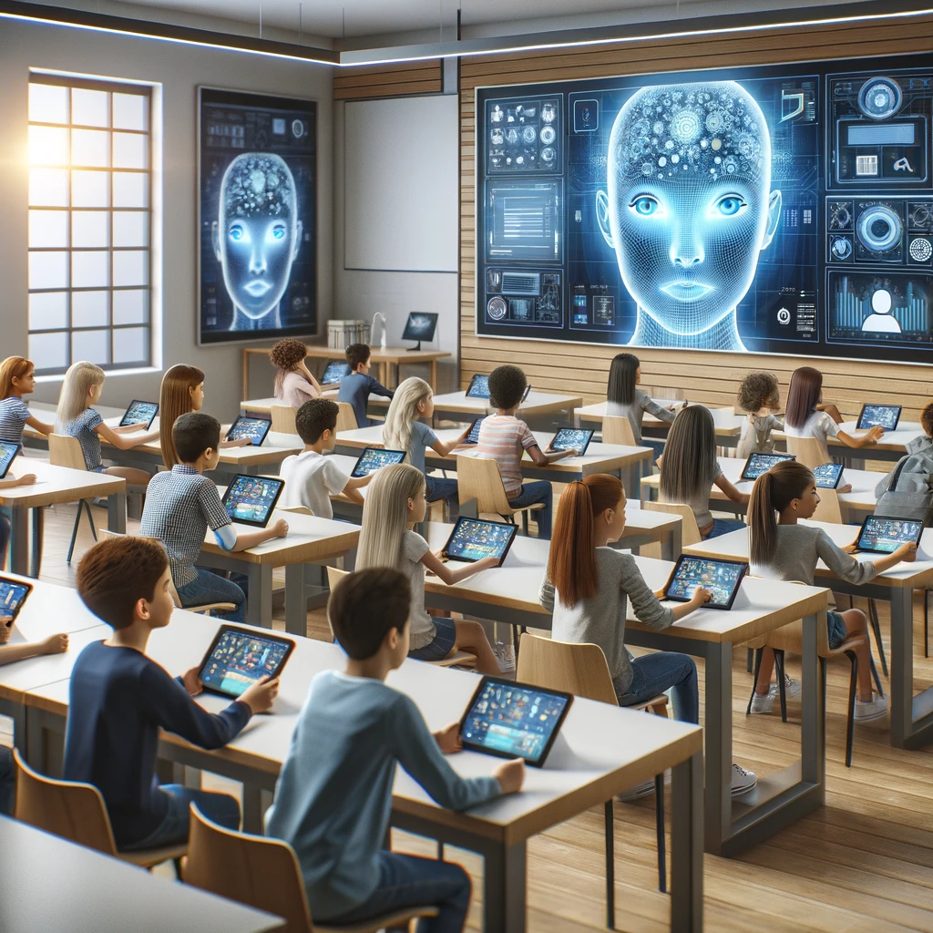 Representación de una IA dando clase en un colegio.