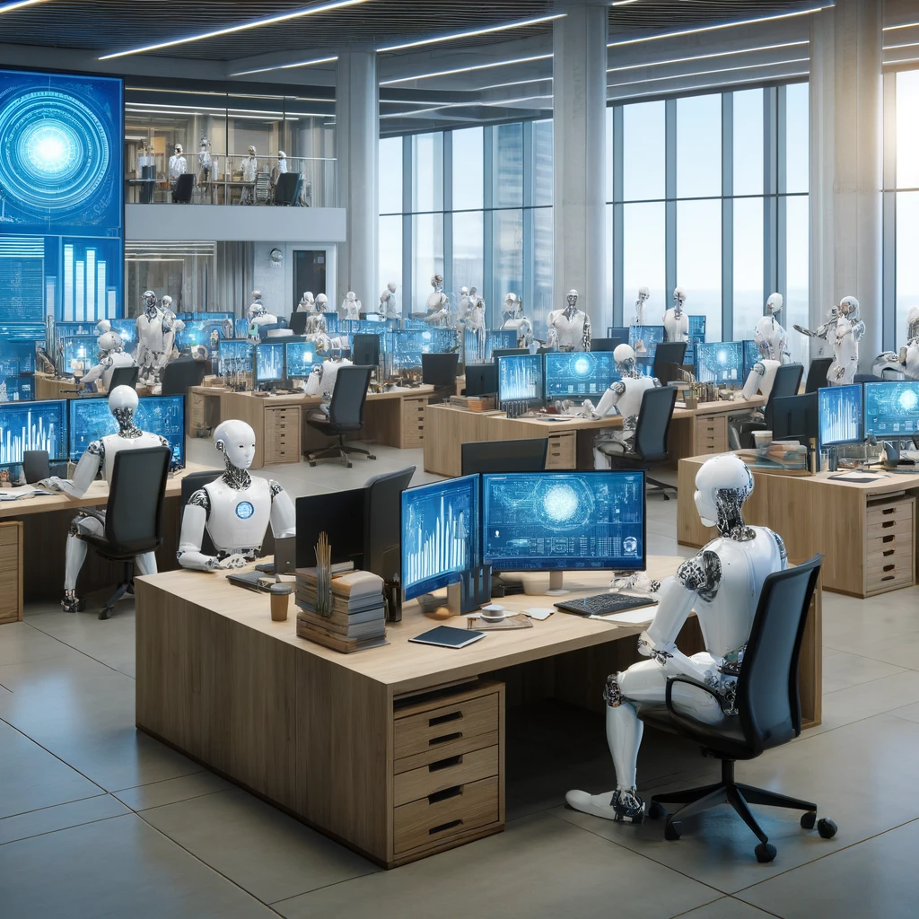 Robots inteligentes trabajando en una oficina. Imagen generada por IA.