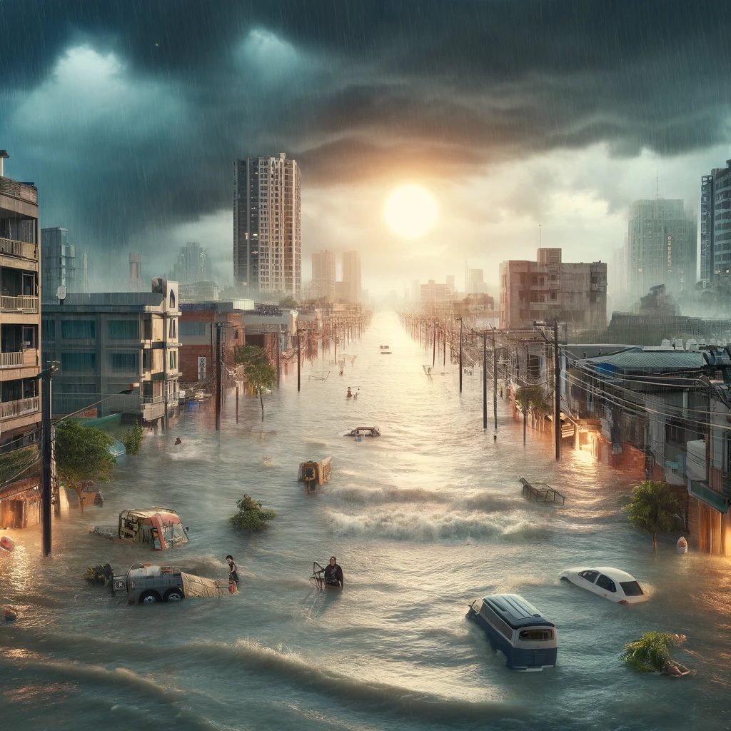 Inundación en las calles de una ciudad costera. Imagen generada por IA.