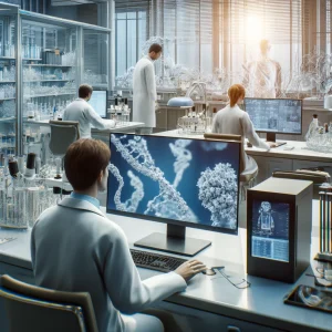 Representación de un laboratorio de investigación genética moderno generada por IA.