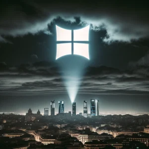 Representación de un foco llamando a Microsoft en el cielo nocturno de Madrid.