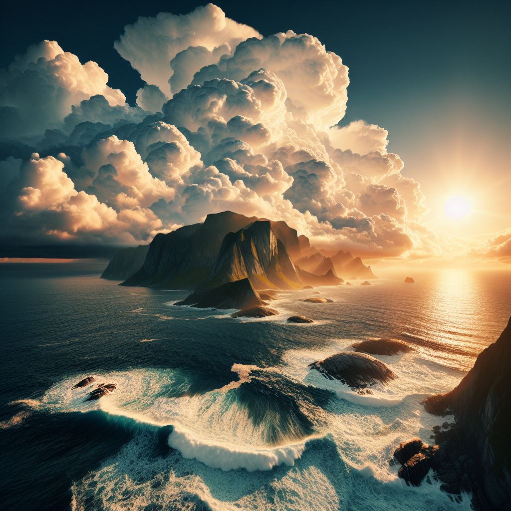 Paisaje marítimo con nubes blancas y sol. Imagen generada por IA para noticiaria.com