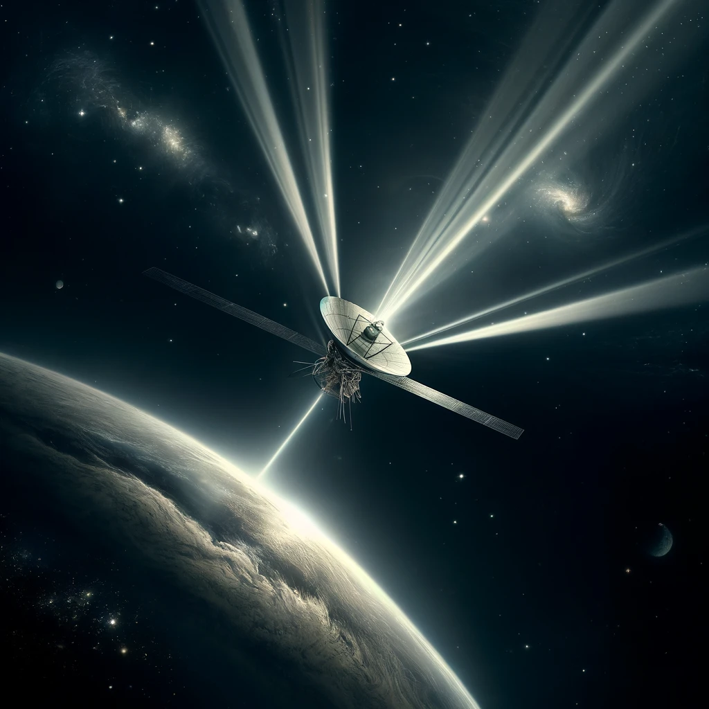 Representación de la sonda Voyager 1 comunicándose con la Tierra generada por IA.