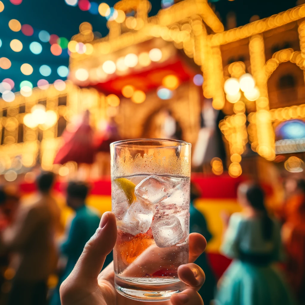 Un vaso con bebida y hielo en la feria de abril. Imagen generada con IA.