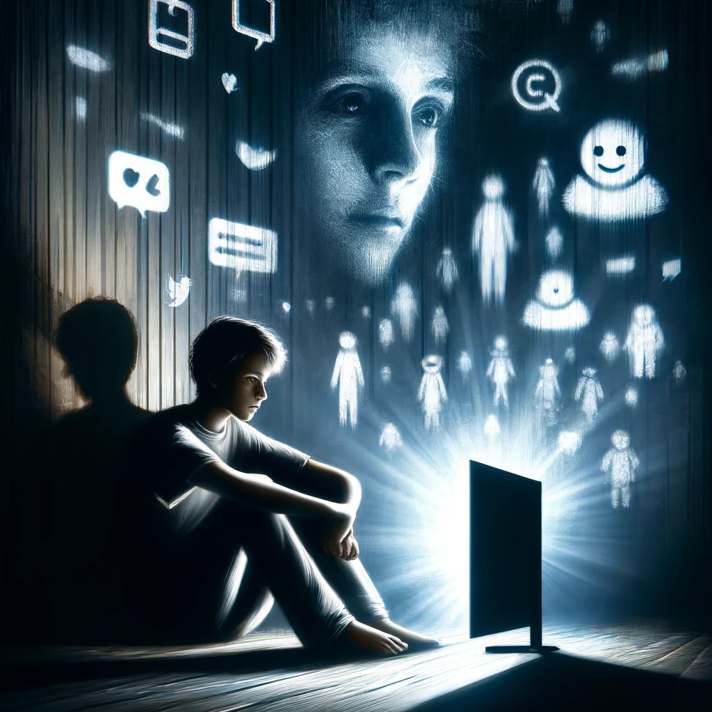 Representación de un adolescente confundido por las redes sociales generada por IA.