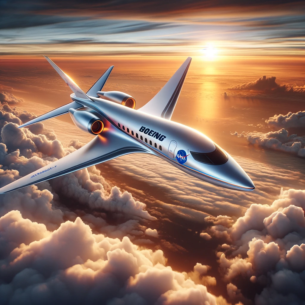 Concepto artístico de un avión futurista entre Boeing y la NASA generado por IA.