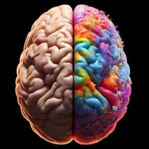 Representación artística de un cerebro con una mitad deteriorada por la adicción.
