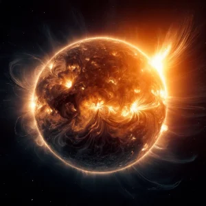 El sol con una gran actividad de llamaradas solares muy potentes. Imagen generada por IA.
