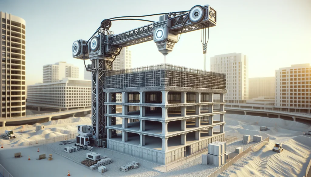 Representación artística de la impresión 3D de un edificio. Imagen generada por IA.