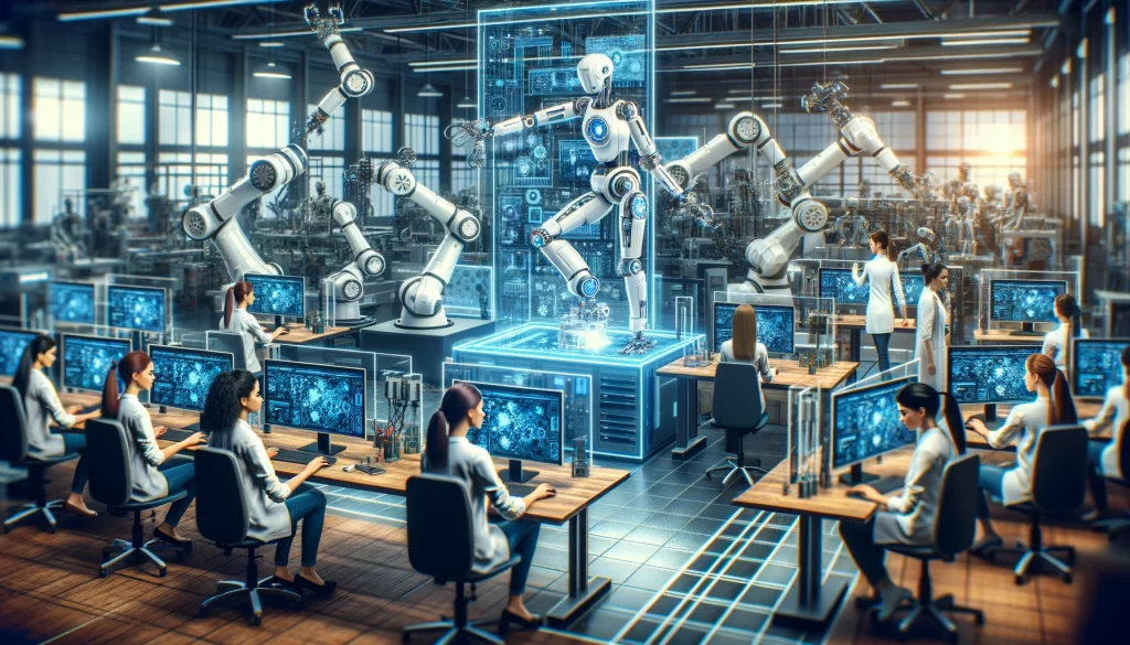 Representación de un laboratorio robótico gestionado íntegramente por mujeres. Imagen generada por IA.