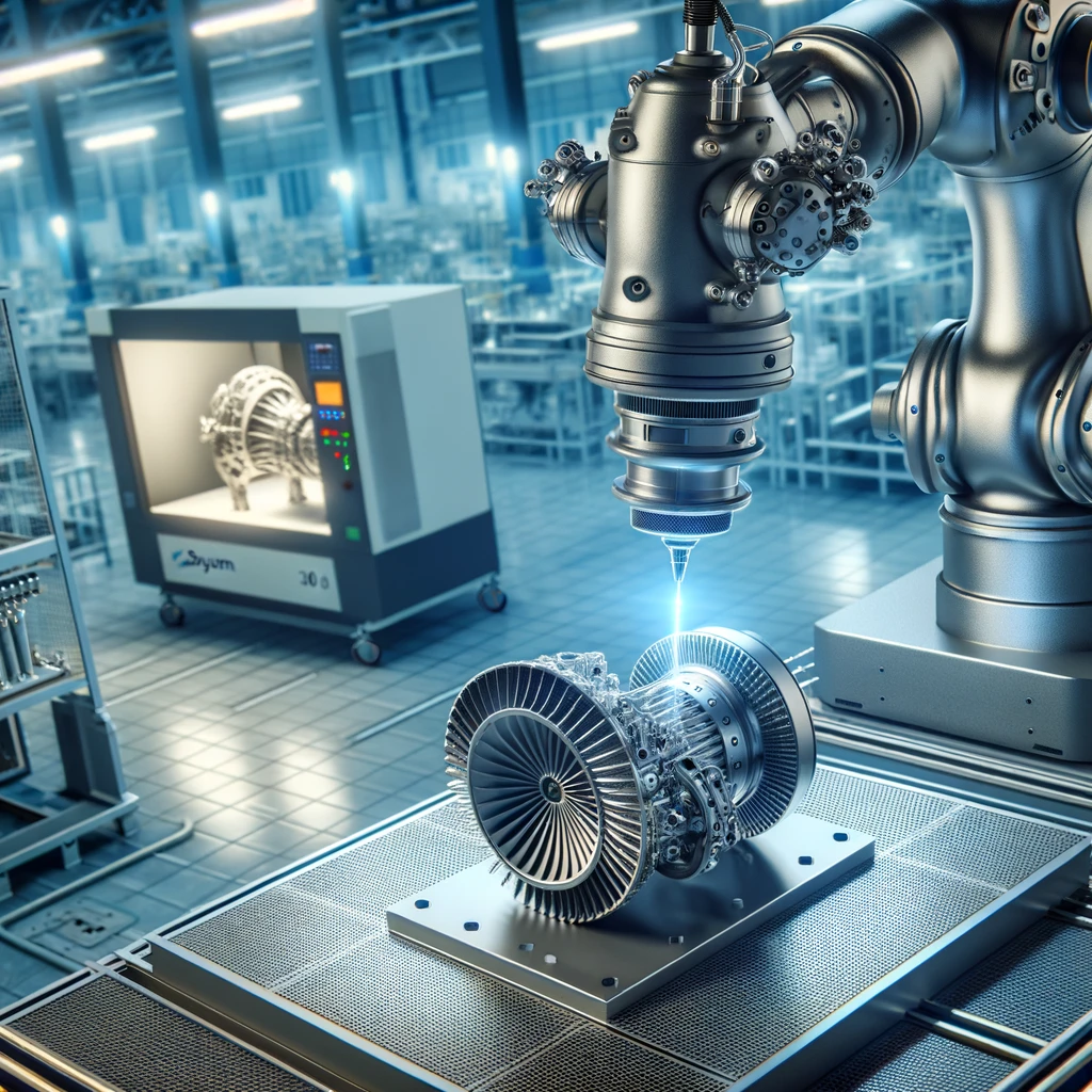 Representación generada por IA de brazo robótico equipado con sensores láser ultrasónicos inspeccionando un componente aeroespacial recién impreso en 3D.