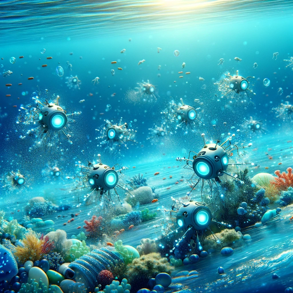 Microrrobots submarinos limpiando el fondo del océano. Imagen generada por IA.