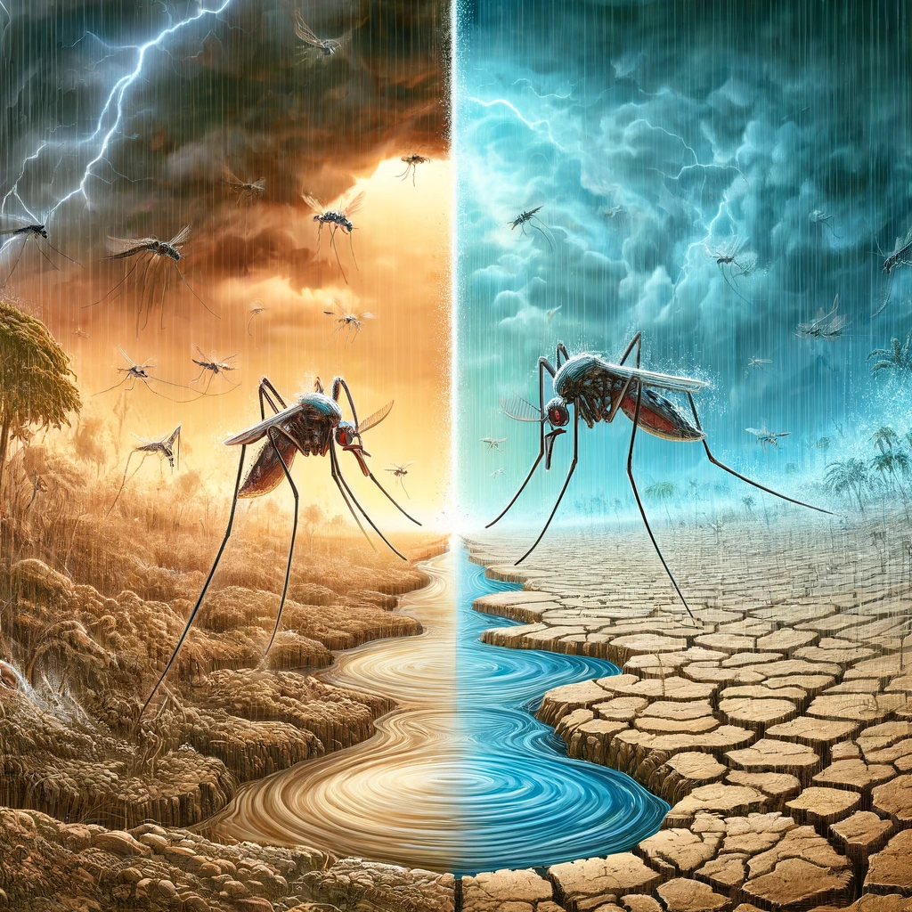 Representación de mosquitos proliferando en climas de ambos extremos.