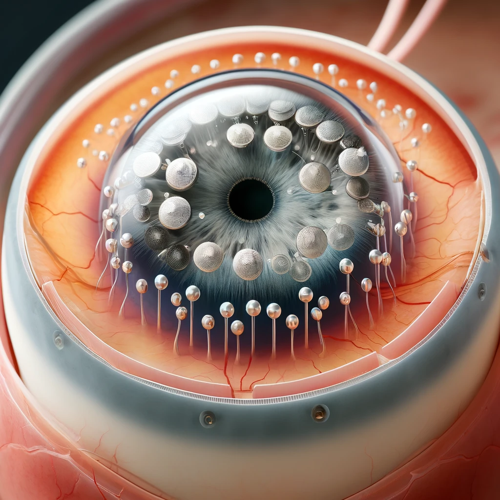 Representación de un ojo operado con diodos generada por IA.