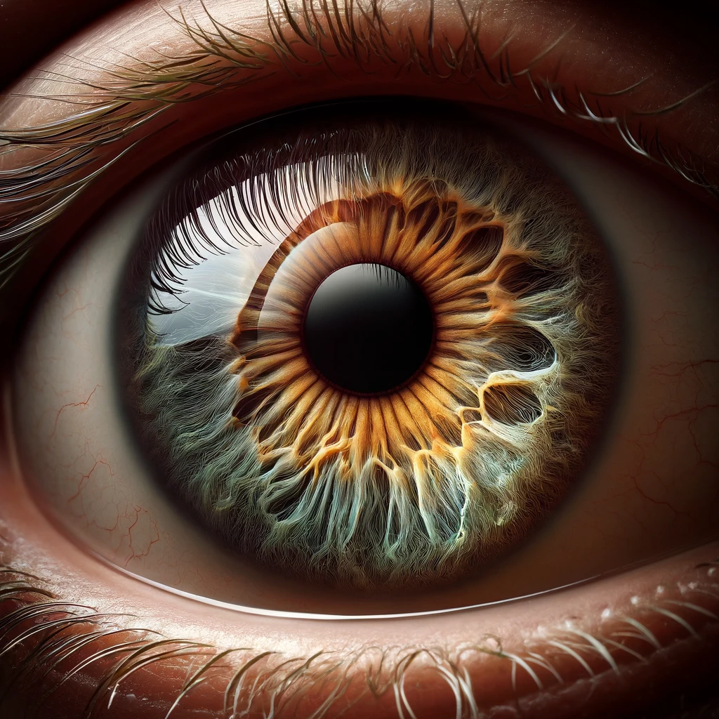 Ojo humano con iris de dos colores. Imagen generada por IA.