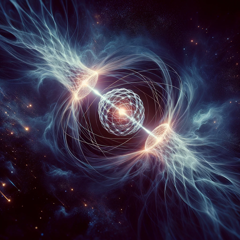 Representación artística del entrelazamiento cuántico de dos partículas. Imagen generada por IA.