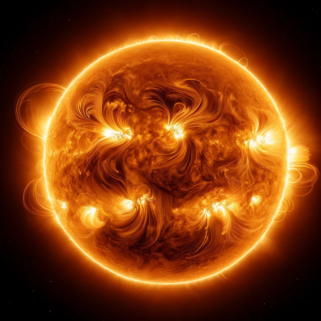 Representación del sol durante un evento de llamaradas solares generada por IA.