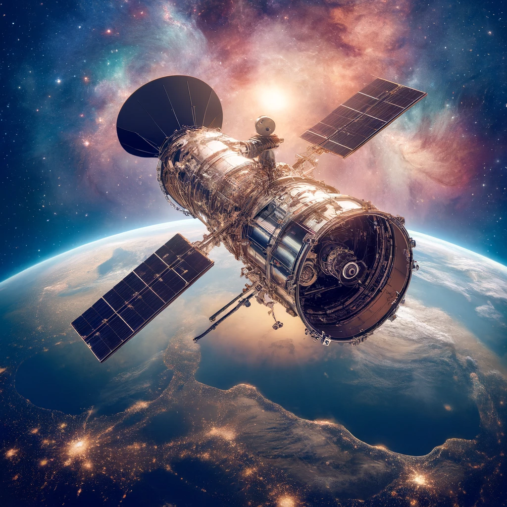Representación artística del telescopio espacial Hubble orbitando la Tierra con el cosmos de fondo generada por IA.