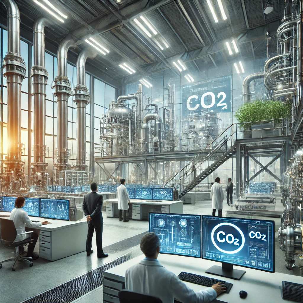 Representación artística generada por IA de una planta de reciclaje y reutilización de CO2.