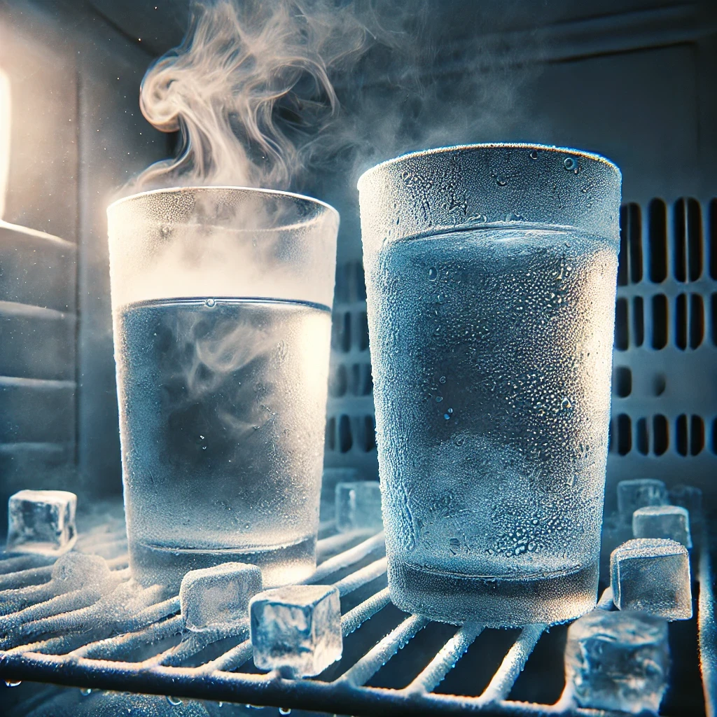 Recreación generada por IA de un experimento sobre el efecto Mpemba, enfriando un vaso de agua fría y otro de agua caliente