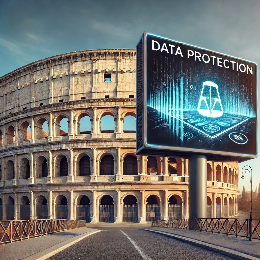 Recreación generada por IA de una zona emblemática de Italia con un cartel electrónico que promueve la protección de datos