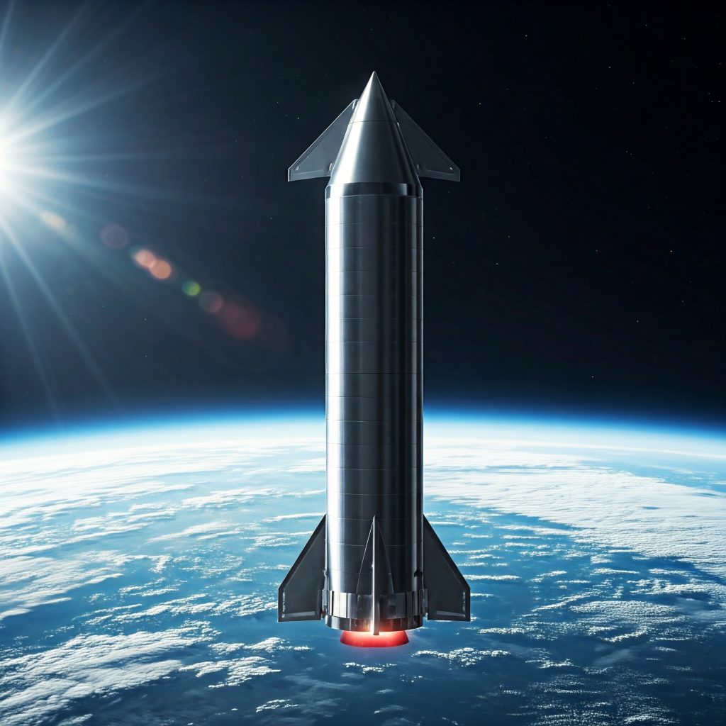 Representación artística generada por IA de la Starship de SpaceX en uno de sus vuelos suborbitales