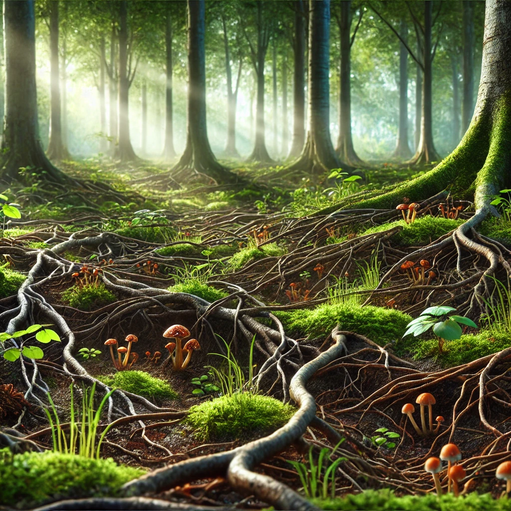 El suelo de un bosque repleto de seres vivos que se comunican entre sí. Imagen generada por IA