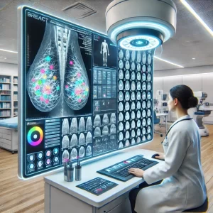 Representación artística generada por IA del proceso de detección de cáncer de mama asistido por inteligencia artificial