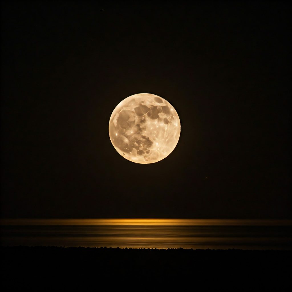 Representación artística generada por IA de la luna llena cerca del horizonte