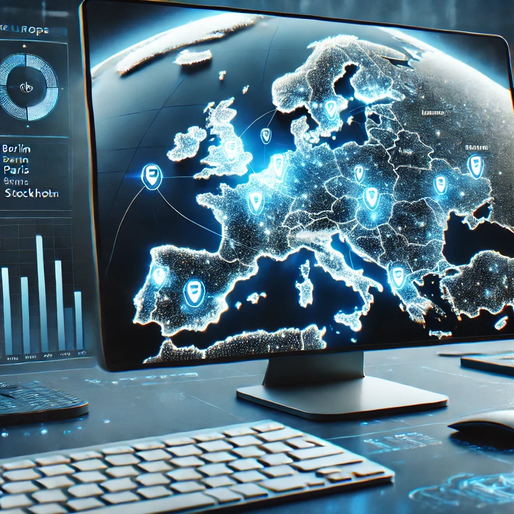 Representación artística generada por IA de un mapa digital de Europa indicando las ubicaciones con mayores avances científicos
