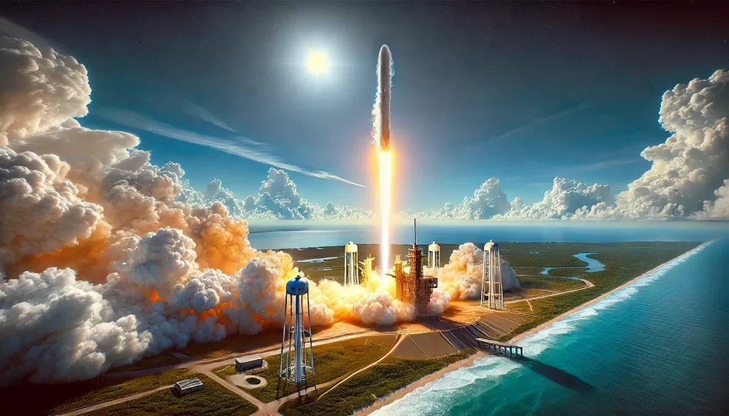 Representación artística generada por IA del mega cohete New Glenn de Blue Origin durante su lanzamiento