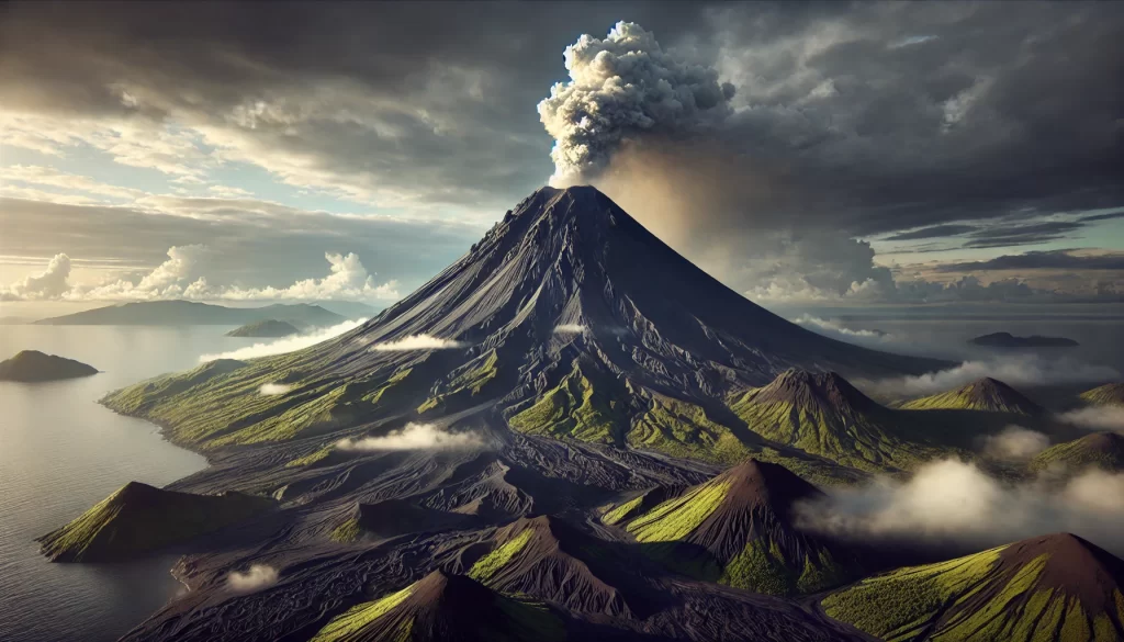 Representación artística generada por IA del volcán que enfrió el planeta en 1831