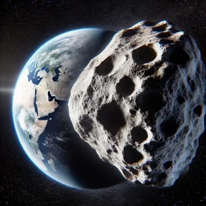 Recreación generada por IA del asteroide potencialmente peligroso 2024 YR4 acercándose a nuestro planeta