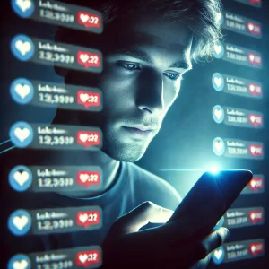 Representación artística generada por IA de una persona obsesionada con lo que le dictan los algoritmos de las redes sociales