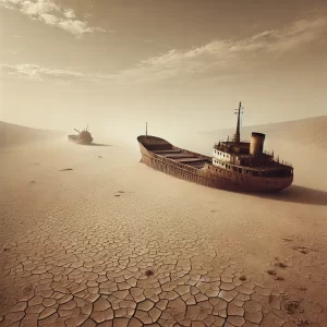 Recreación generada por IA del desierto que actualmente hay donde hace unos años estaba uno de los lagos o mares interiores más grandes del mundo