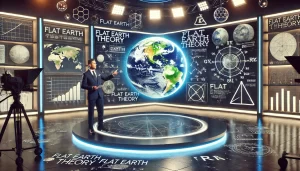 Representación artística generada por IA de un plató de un programa de TV dando visibilidad al terraplanismo