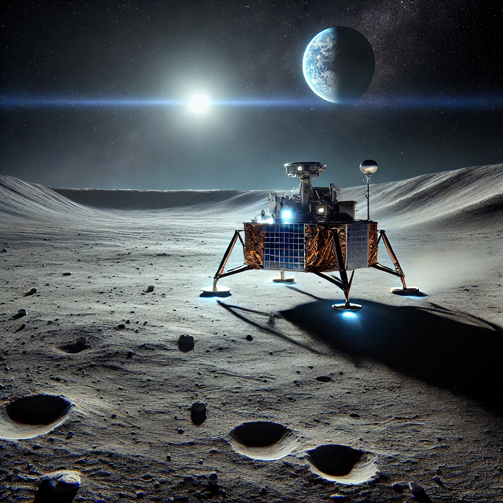 Representación artística generada por IA de la sonda lunar Blue Ghost en su lugar de alunizaje con el sol y la Tierra al fondo