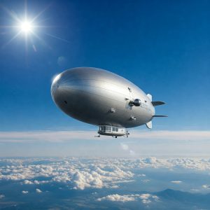 Representación artística generada por IA de un dirigible volando