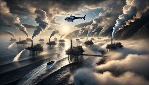 Representación artística generada por IA de un futuro donde el clima se controla mediante geoingeniería planetaria