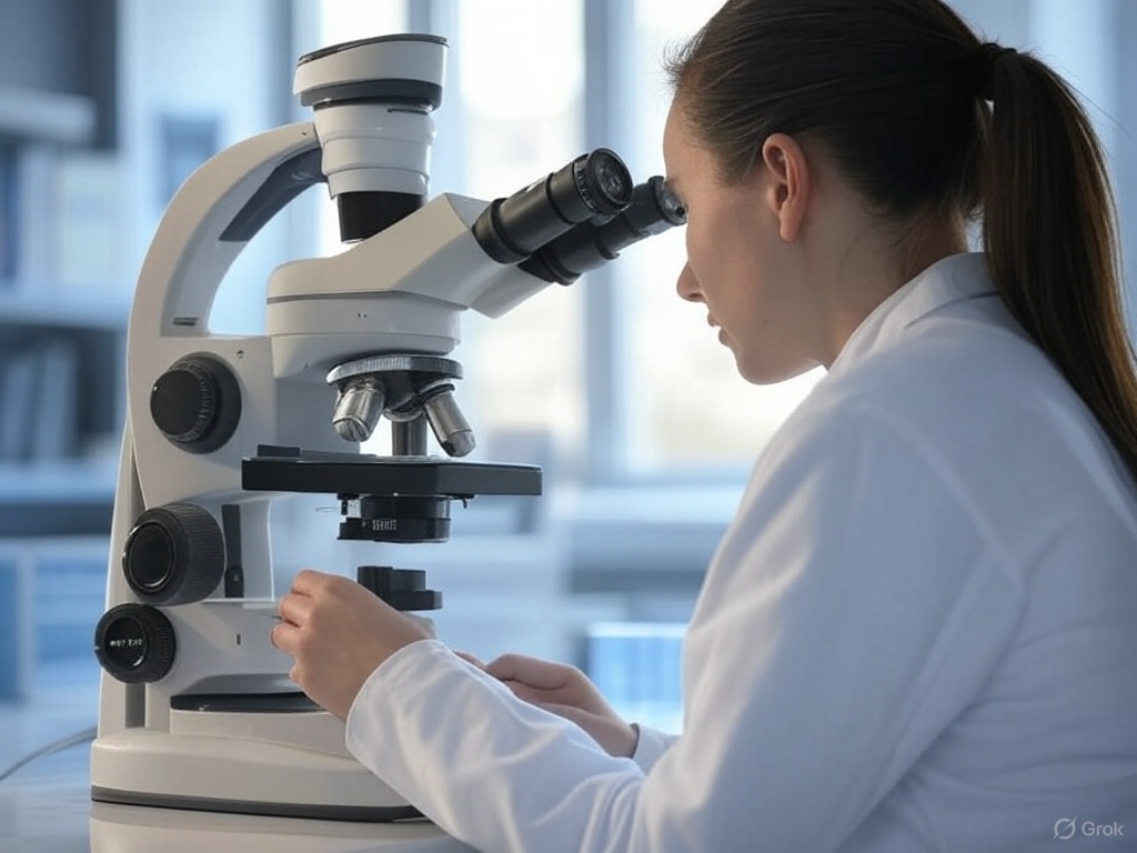 Recreación generada por IA de una bióloga investigando en su laboratorio
