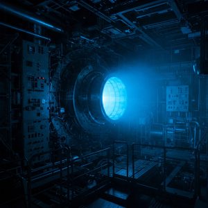 Representación artística generada por IA de un reactor nuclear en el momento que genera la luz de Cherenkov