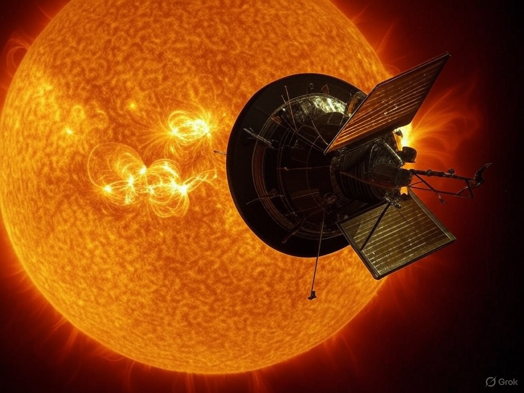 Representación artística generada por IA de la sonda solar Parker en su camino hacia el Sol