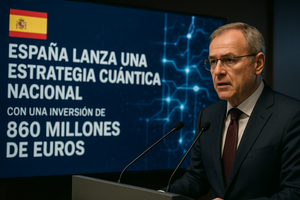 Representación artística del anuncio al público de la nueva estrategia cuántica nacional en España