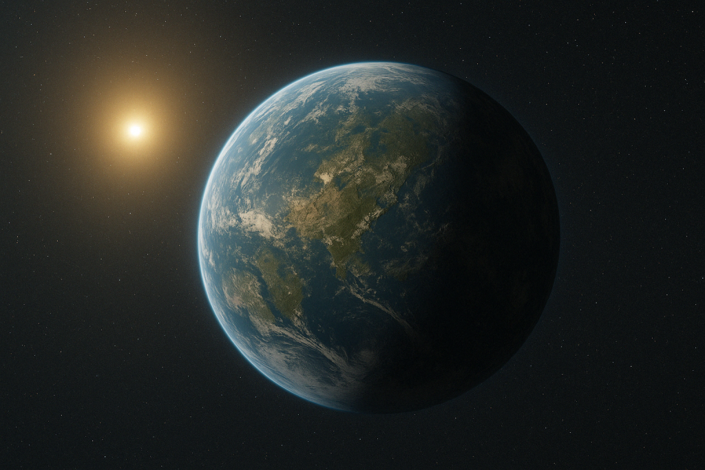 Representación artística generada por IA del planeta K2-18 b en la constelación de Leo junto a su pequeña estrella
