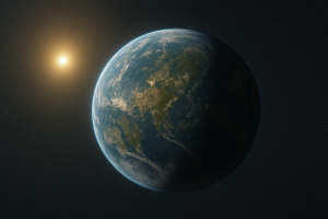 Representación artística generada por IA del planeta K2-18 b en la constelación de Leo junto a su pequeña estrella